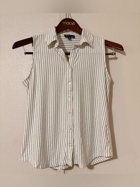 Modern Works Small Sleeveless White & Black Pinstripe Button-Down Collared Top